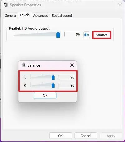 Control Panel change audio balance levels