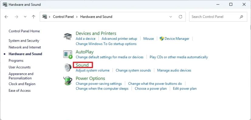 Control Panel Sound settings