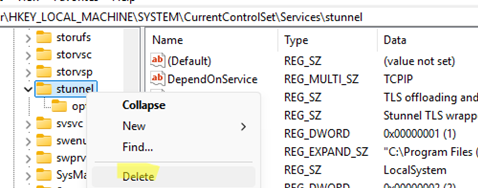 delete service key from the registry