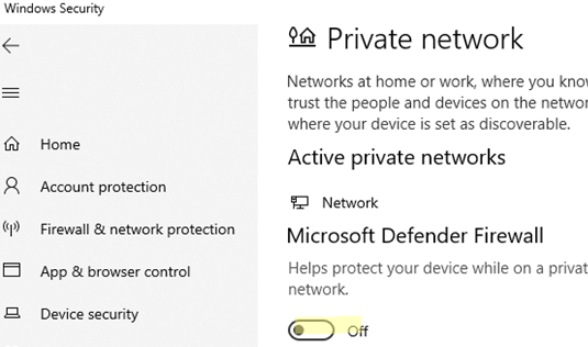 disable Microsoft Defender Firewall for network profile
