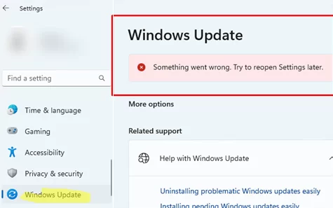 Error in Settings -> Windows Update - Something went wrong. Try reopen Settings later.