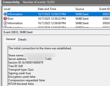 Event ID 30832: успешное подключение по транспортному протоколу Quic