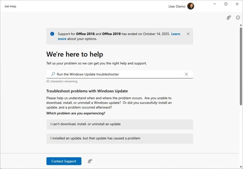Центр обновления Windows в приложении «Получить справку»