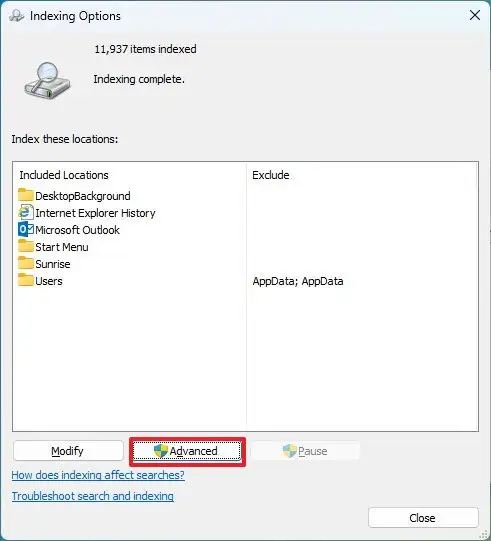 Indexing Options advanced button