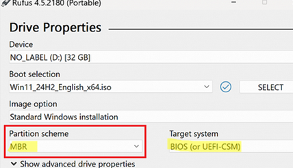 Rufus: Create a USB stick for MBR and BIOS (UEFI and CSM).