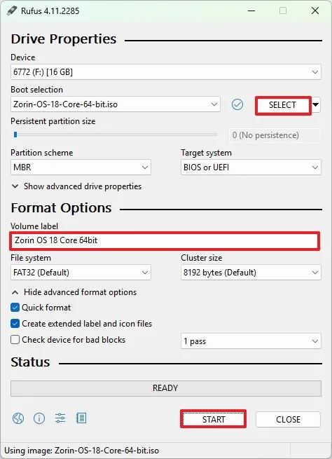 Rufus select Zorin OS ISO