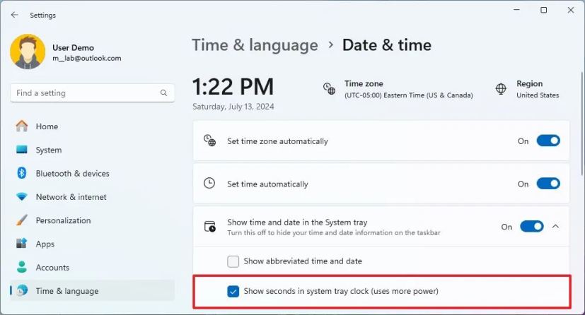 Taskbar clock show seconds from Date & time page