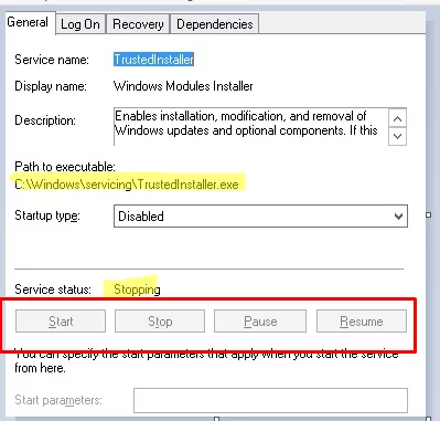 TrustedInstaller service is stuck at Stopping