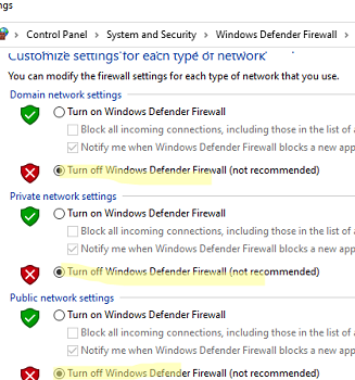Turn off windows firewall for each network type