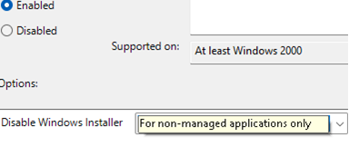 "Turn off Windows Installer" GPO on Windows Server by default set to For managed applications only