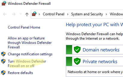 Turn Windows Defender Firewall on or off