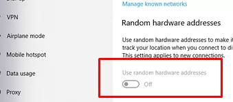 Use Random Hardware Addresses option is greyed out