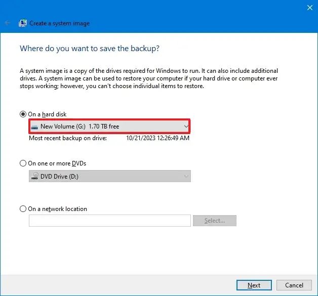 Windows 10 backup USB destination