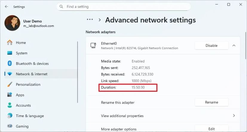 Settings app check PC uptime