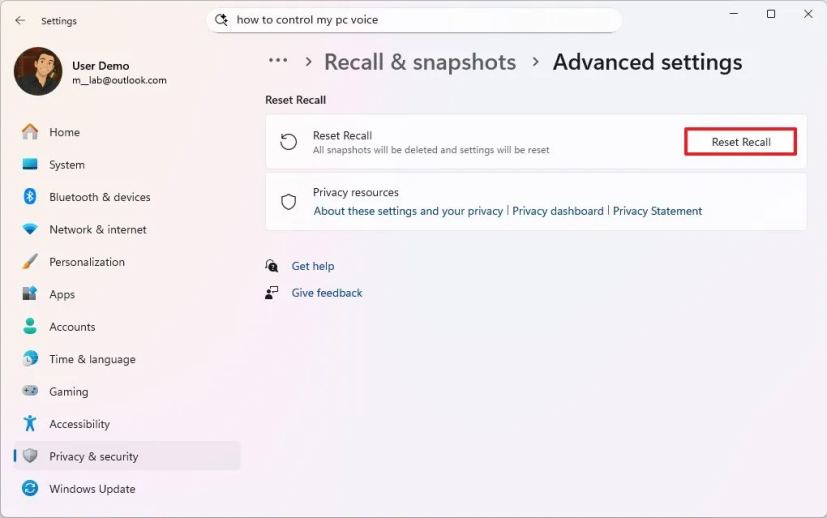 Windows 11 Recall reset option