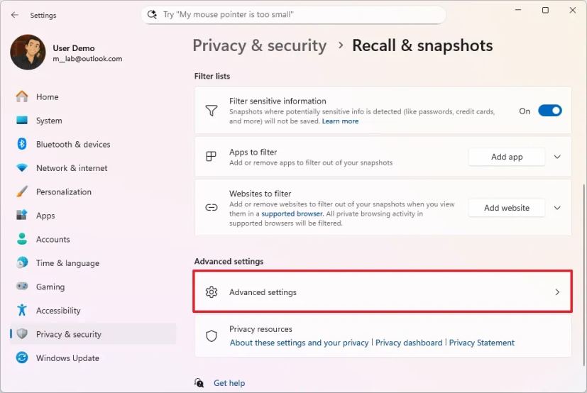 Recall open advanced settings