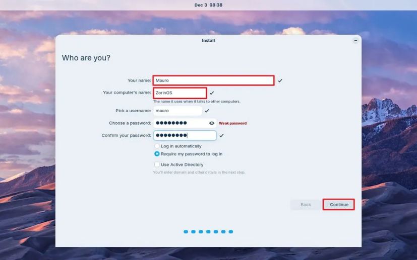 Zorin OS create local account